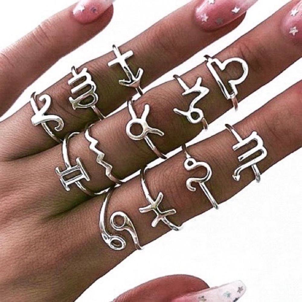 Any 2/$20! Set of 12 Silver Zodiac Boho Midi Rings - Picture 2 of 8
